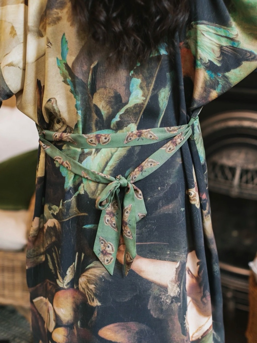 Market of Stars Heartwork Botanical Print Kimono Robe in Dark Green & Mustard - Picture 2 of 6